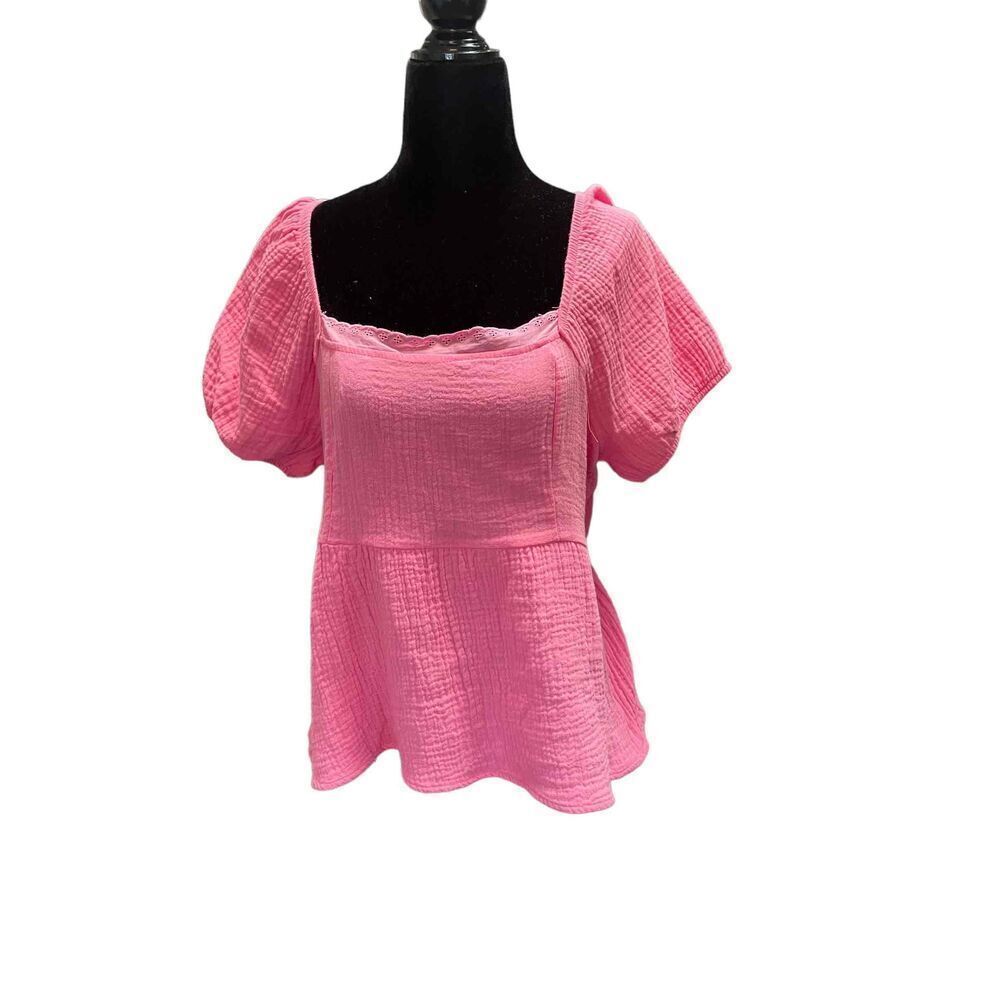 Hippie Rose Womens Pink Short Puff Lace Square Neck Blouse Size XL